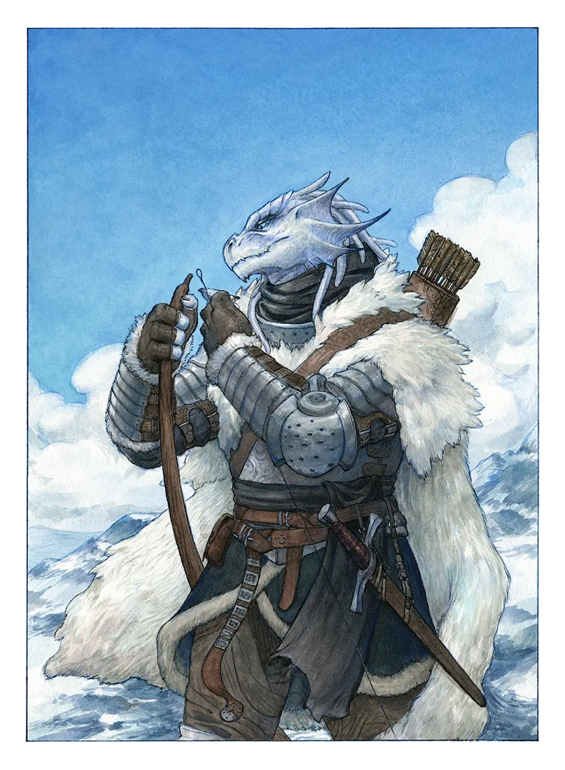 Sleet, a white dragonborn ranger in fur-lined armor, standing in a snowy mountain landscape.